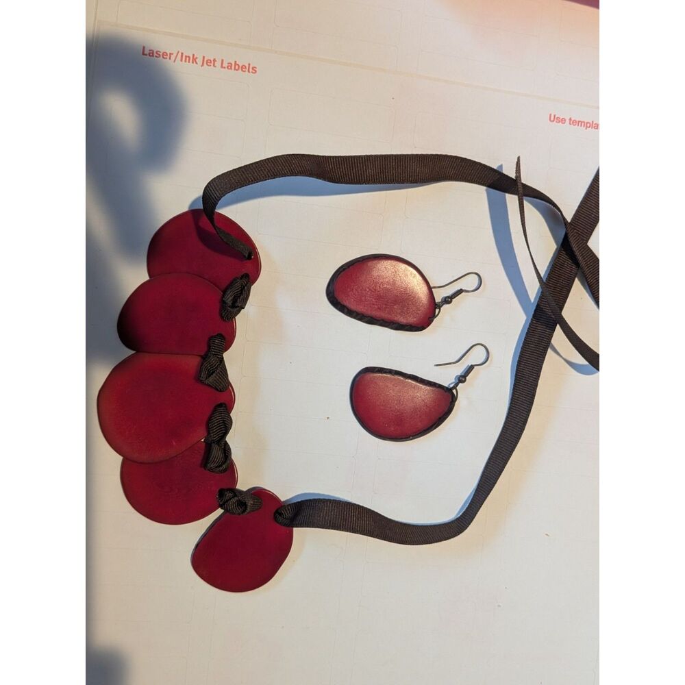 Red Wooden Statement Necklace Earrings Set